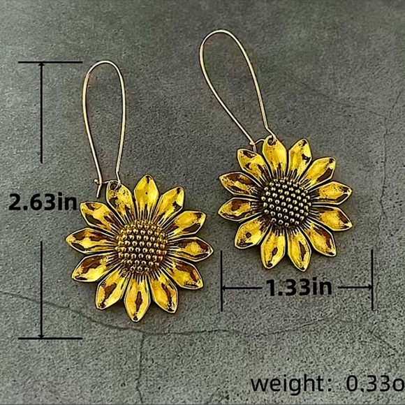 Gold Vintage Sunflower Handmade Boho Geometric Dangle Earrings - Picture 6 of 6